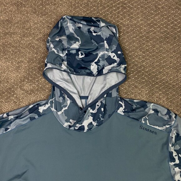 Simms SolarFlex Hoody Hoodie Men's XL Blue Gray Camo Fishing Performance UPF 50 - Picture 3 of 15
